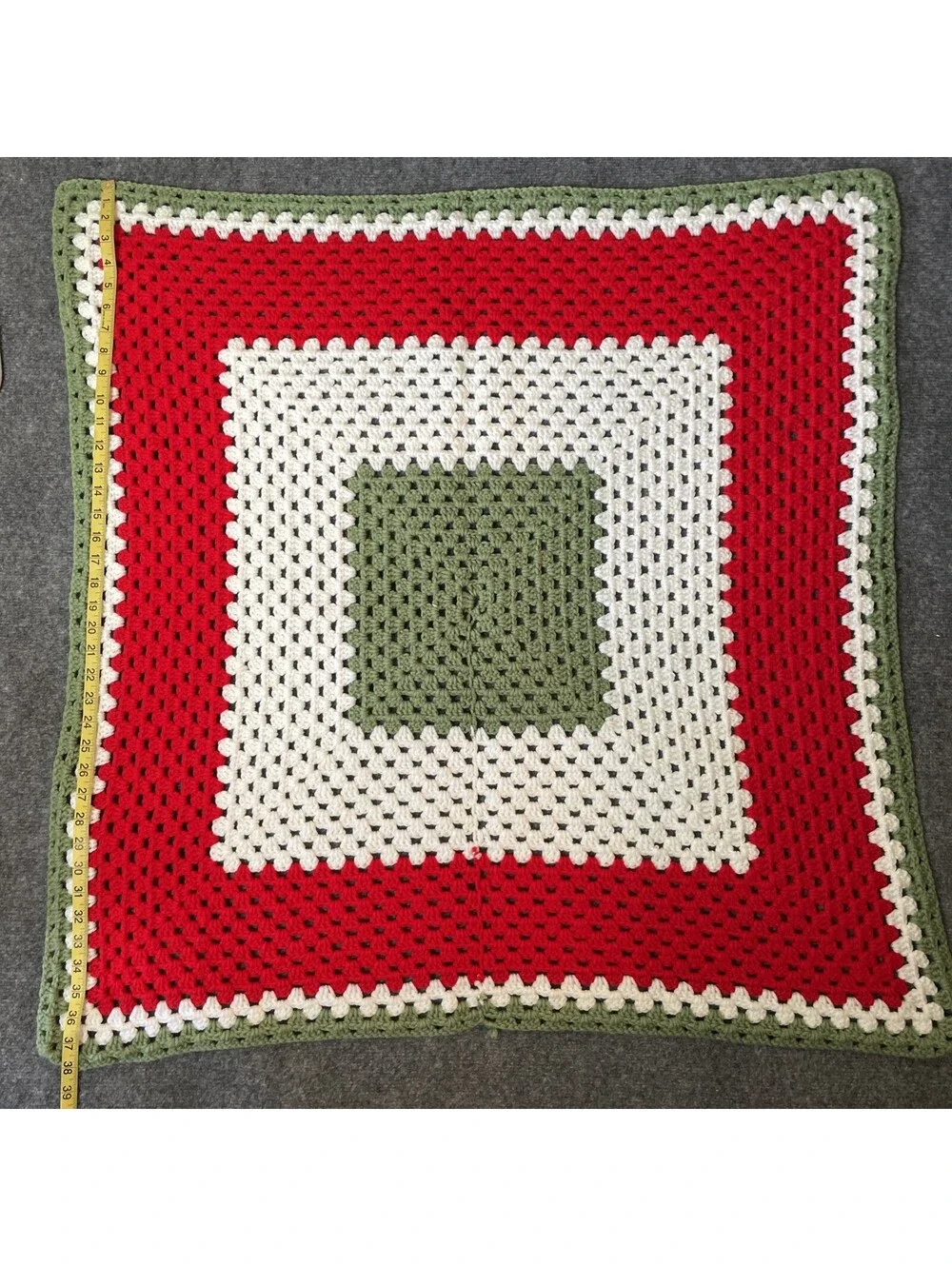 Handmade Crochet Afghan Lap Blanket Red Green White 38”x38” Square Excellent